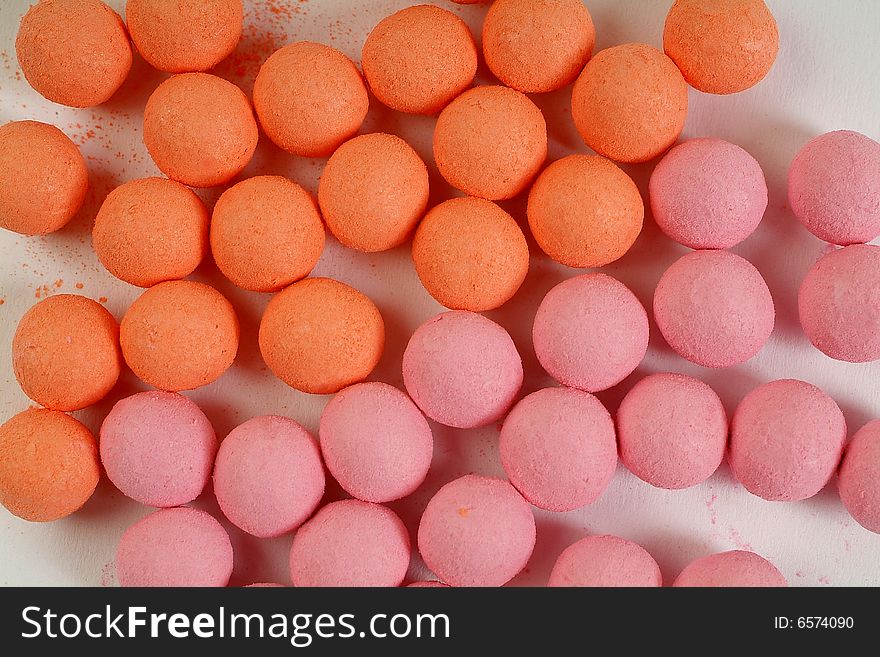 Balls orange and pink are ruddy. Balls orange and pink are ruddy