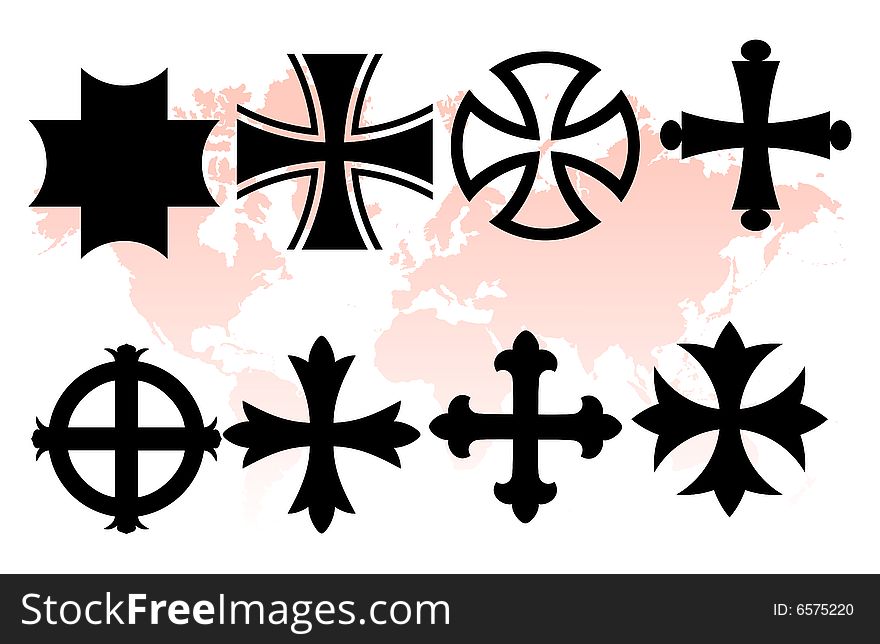 Various christian crosses on world map