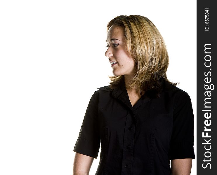 A blonde in a black shirt on a white background looking to right. A blonde in a black shirt on a white background looking to right