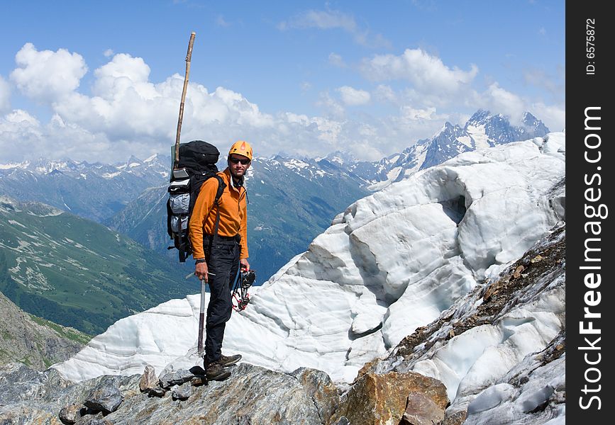 Mountain-climber in high caucasus mountains