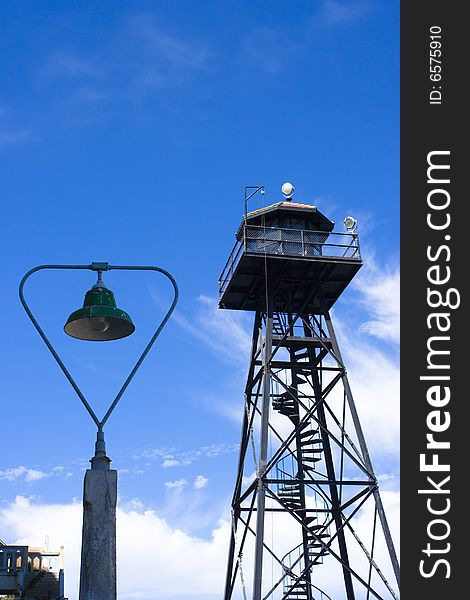 Photo of Alcatraz prison watch tower in California. Photo of Alcatraz prison watch tower in California