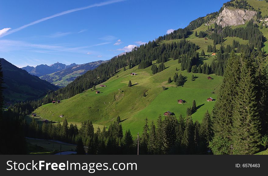 Summer rural landscape view on green Alps mountains, trees, slopes, and detached wooden houses in valley. Alps, Switzerland, europe. Summer rural landscape view on green Alps mountains, trees, slopes, and detached wooden houses in valley. Alps, Switzerland, europe.