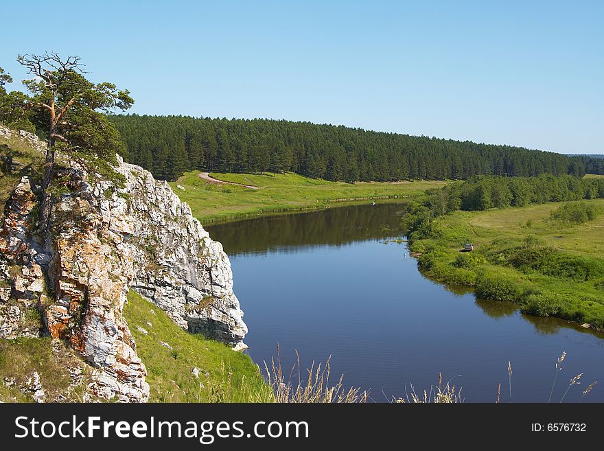 Beautiful rural landscape with a tree and small river