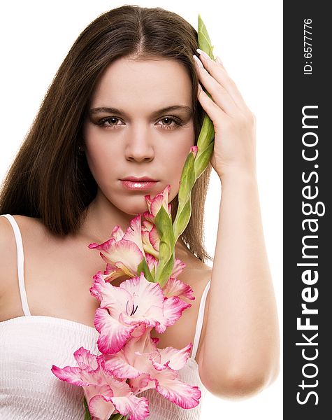 beautuful young woman with gladiolus