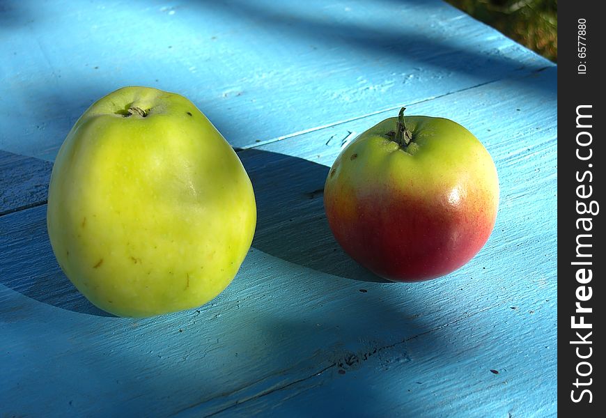 Two apples, red and yellow, are on blue table. Two apples, red and yellow, are on blue table