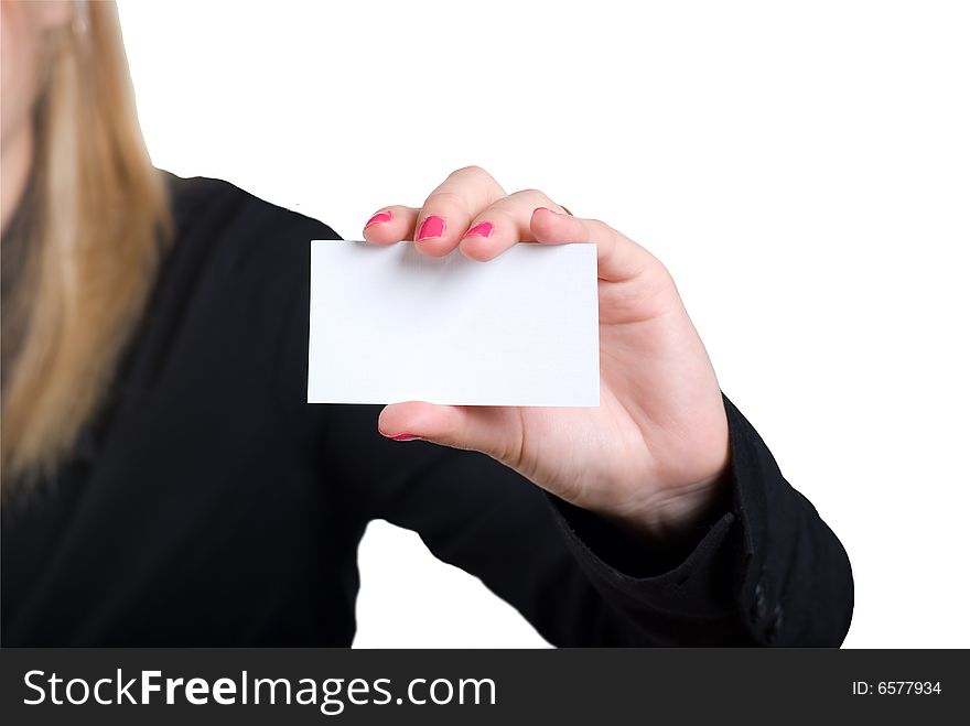 Young woman showing his business card, focus on fingers and card. Young woman showing his business card, focus on fingers and card.