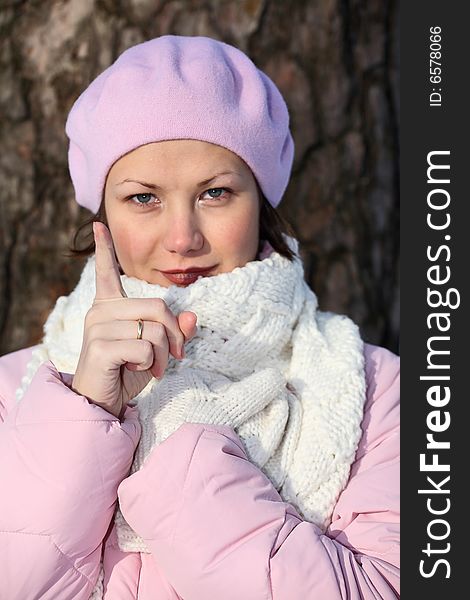 Smiling And Strict Girl In Pink Beret