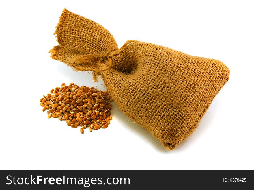 Hempy sack and grain on a white background