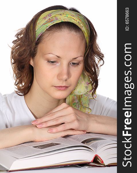 Portrait of Beautiful girl with green headscarf reading book. Portrait of Beautiful girl with green headscarf reading book