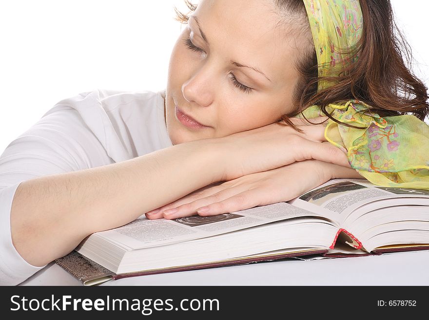 Tired Student Girl Sleeping On Book