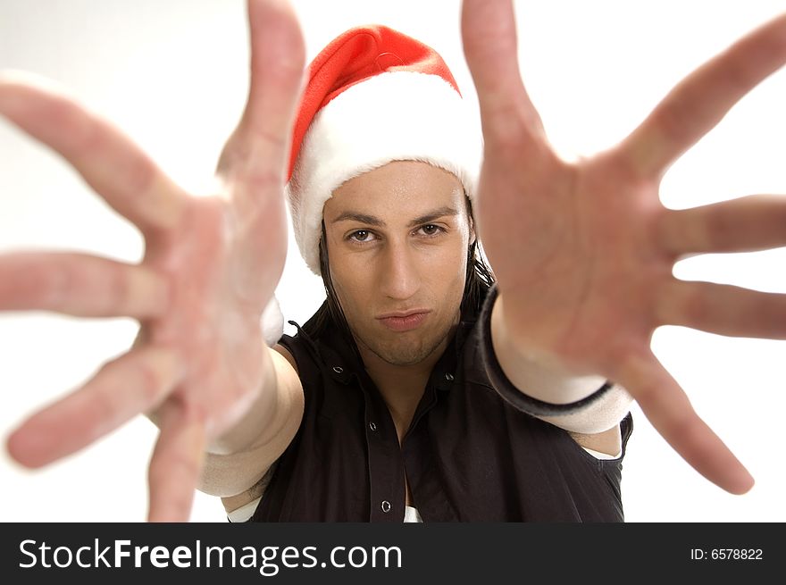 Close up of man's fingers on white background