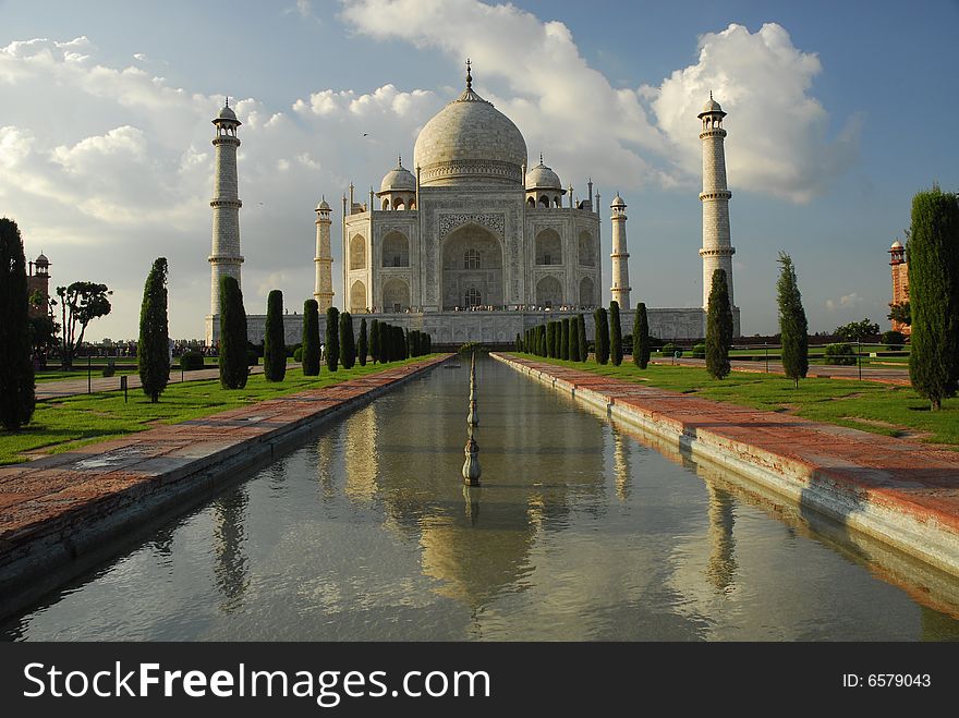 Famous building, Taj Mahal in late afternoon lights in Agra, India