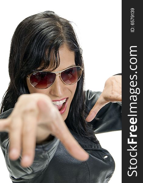 Gorgeous female with sunglasses showing hand gesture. Gorgeous female with sunglasses showing hand gesture