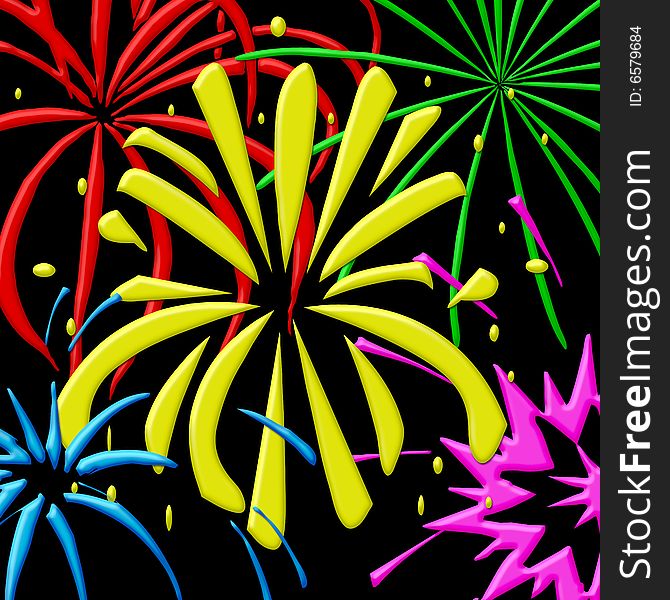 Illustration of fireworks in primairy colors on black background