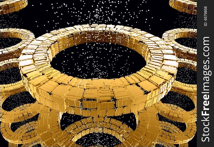 Fantasy circular yellow futuristic constructions with lots of particles