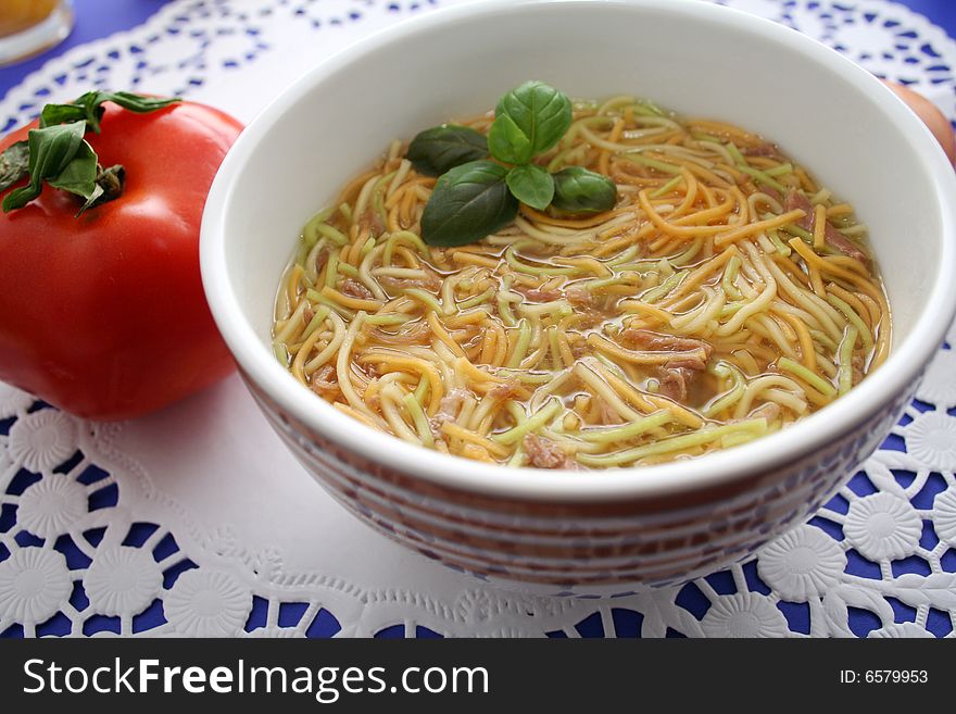 A fresh noodles soup in a soup bowl