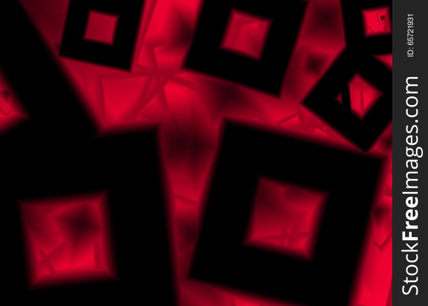 Art background with black shapes cube in a red geometrical texture
