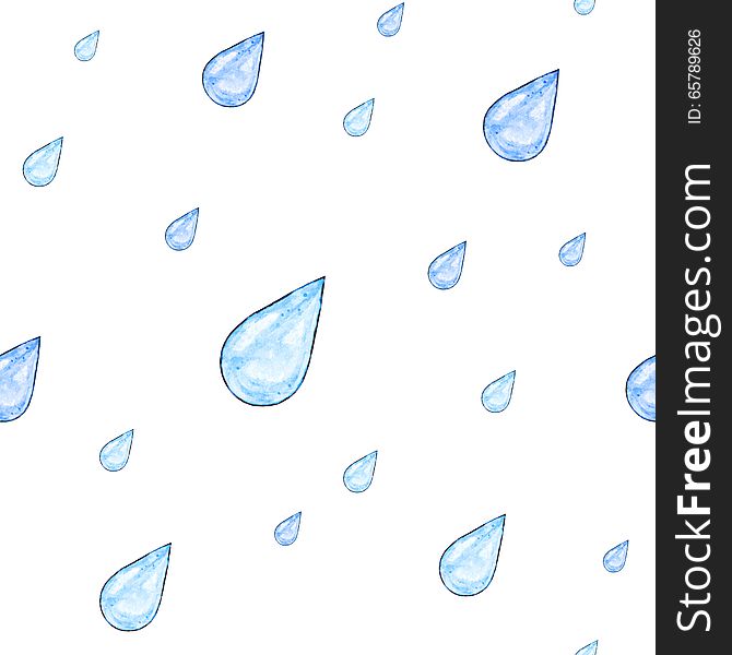 Rain. Blue drops isolated on a white background. Watercolor drawing. Handwork. Seamless pattern for design.