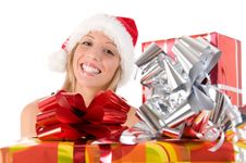 Girl With Santa S Hat And Colorful Christmas Gifts Royalty Free Stock Image Girl With Santa S Hat And Colorful Christmas Gifts Royalty Free Stock Image