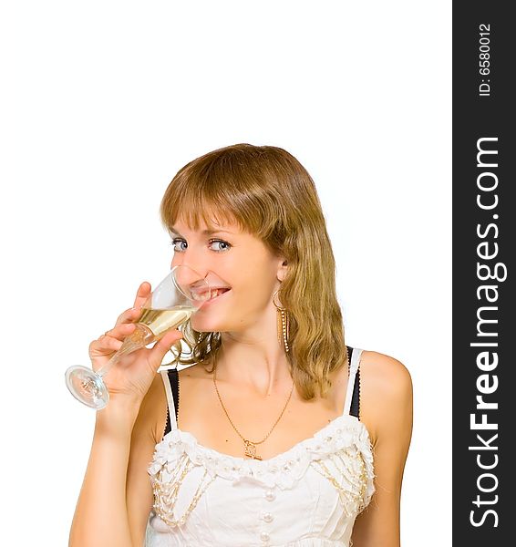 Young Girl drinking Champagne isolated on white