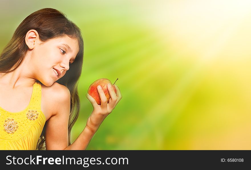 Background with portrait teen girl with apple