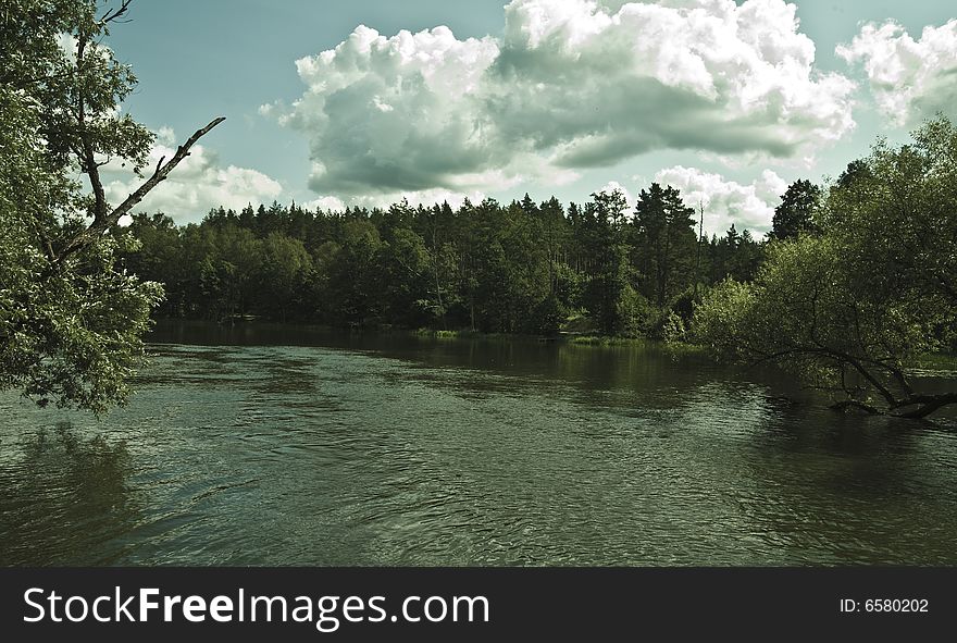 Country landscape with river and trees. Country landscape with river and trees.