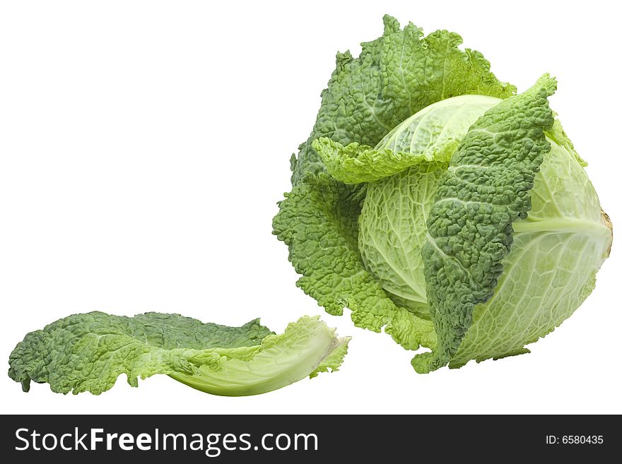 Nice fresh green cabbage isolated over white with clipping path and copy-paste space