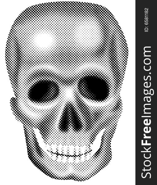 Illustration of a skull with halftone dots and isolated on white background