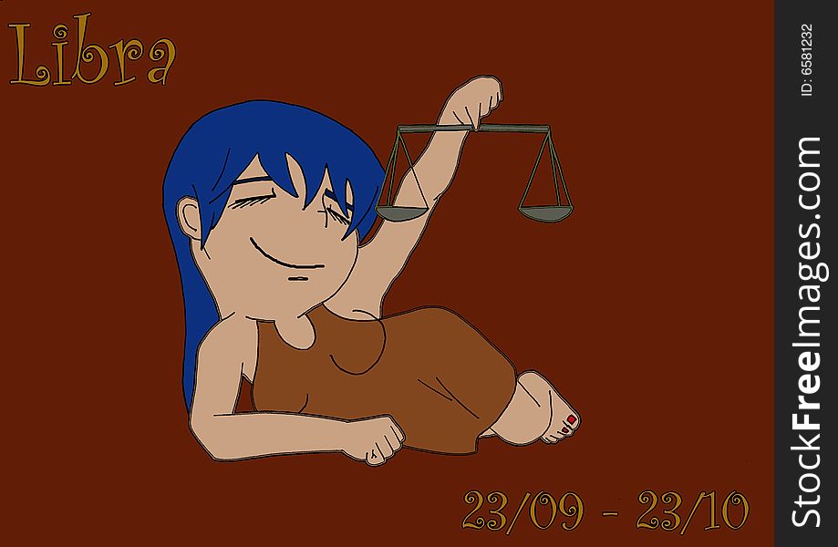 A series of illustration that represents the zodiacal signs. This illustration represents the sign of libra, symbol of justice. As the justice, in fact this girl has closed her eyes , but she's happy because she knows she is doing the right things!