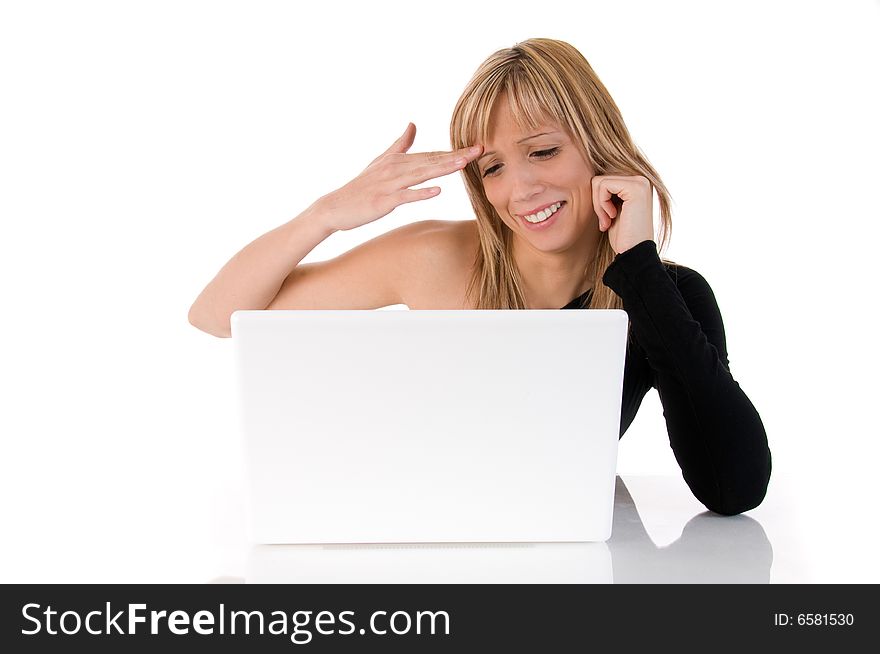 Closeup portrait of a happy young woman using laptop. On white background