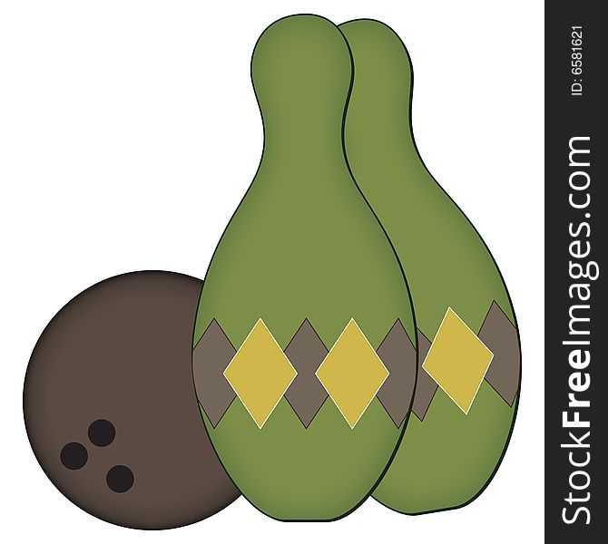 Two avocado green bowling pins with retro argyle pattern and ball. Two avocado green bowling pins with retro argyle pattern and ball.