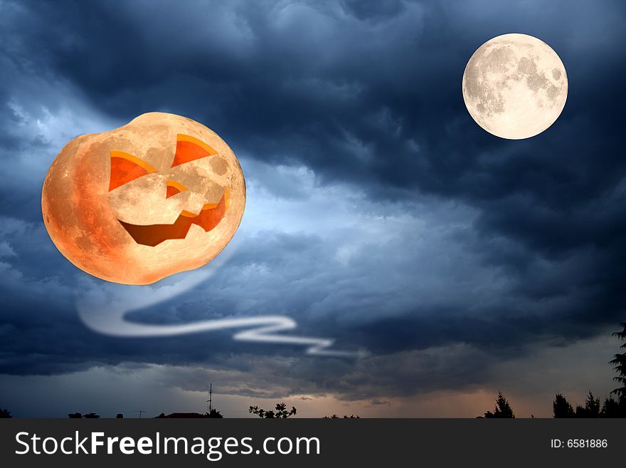 Flying Halloween pumpkin smiling at the moon and imitating it's texture.