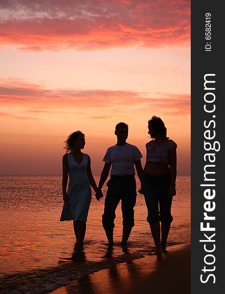 Three on shore seas in waves on the sunset background