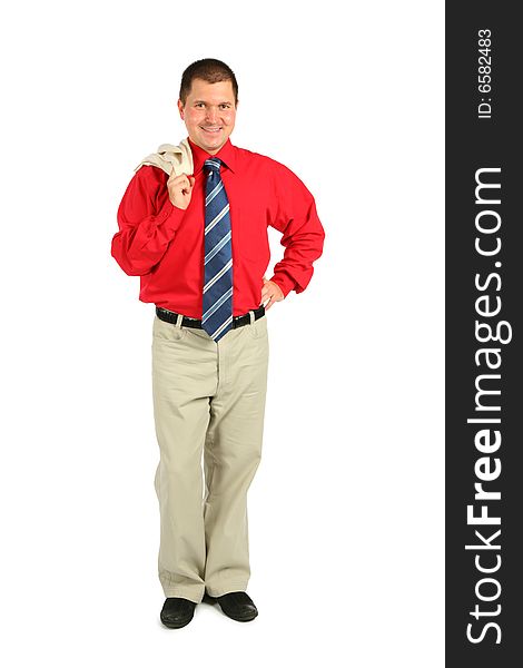 Businessman in red shirt on white