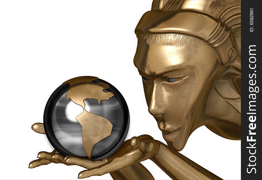 Globe in hands of the gold girl, 3D rendering. Globe in hands of the gold girl, 3D rendering