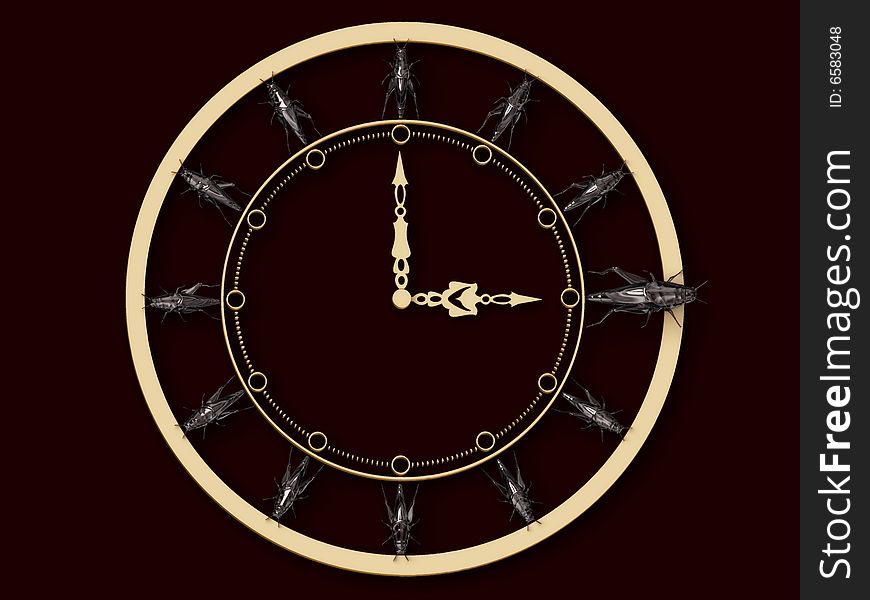 Original clock with metal grasshoppers, 3D rendering. Original clock with metal grasshoppers, 3D rendering