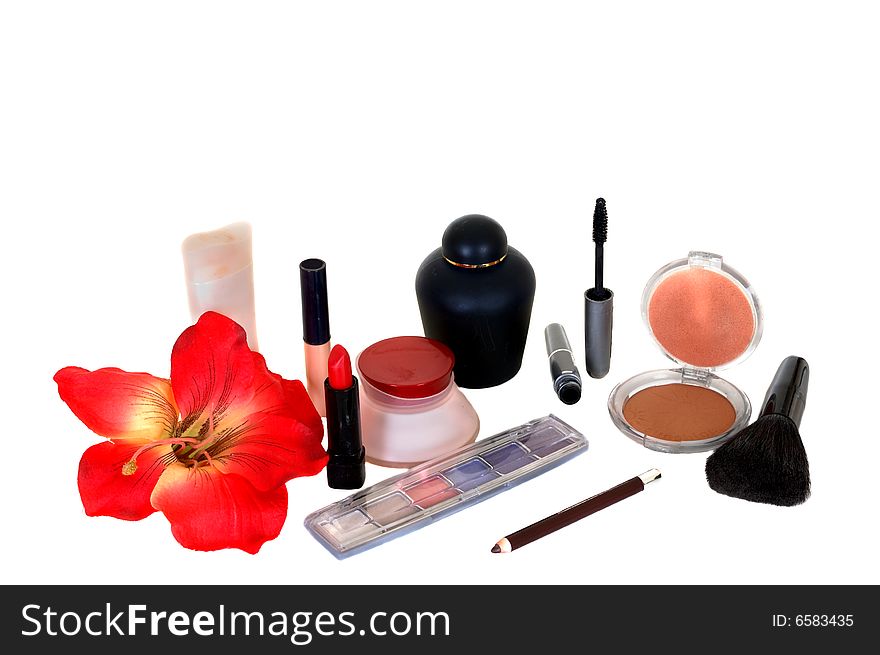 Selection of make up accessories on white background, studio shot