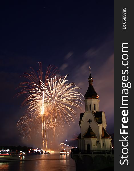 Firework And Church On River