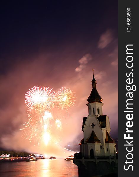 Firework And Church On River