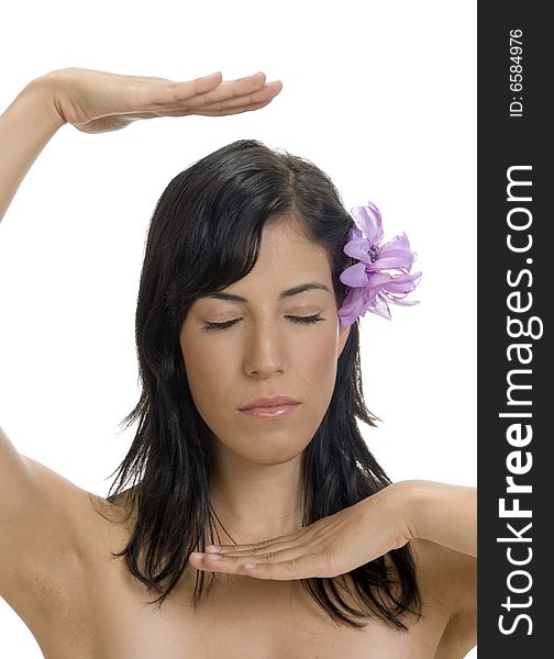 Female with flower showing hand gesture against white background