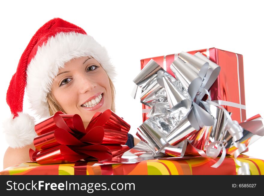 Closeup portrait of a beautiful woman dressed as Santa and holding a gift isolated on white background. Closeup portrait of a beautiful woman dressed as Santa and holding a gift isolated on white background