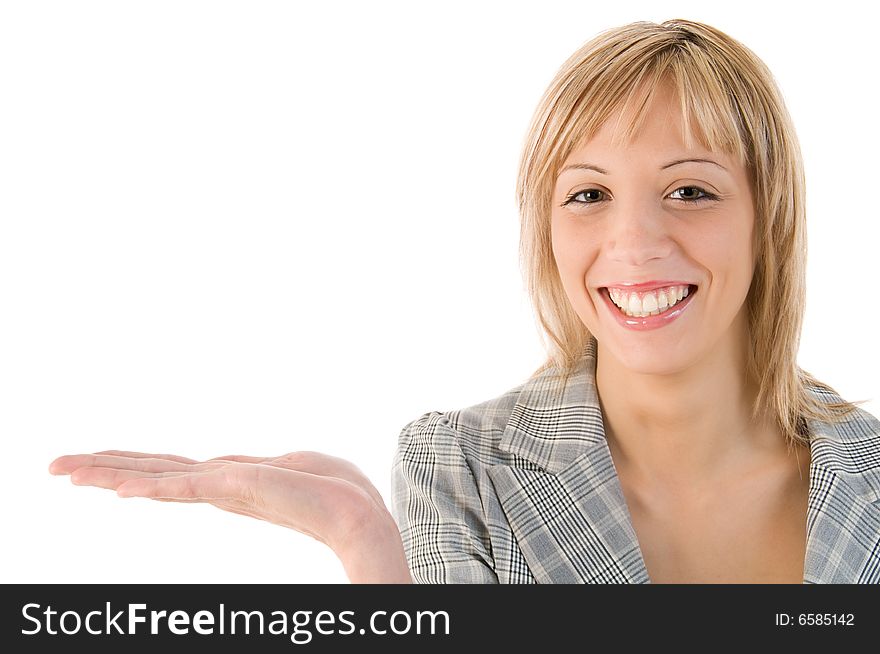 Attractive woman holding and at an imaginary product. Isolated image with white background. Attractive woman holding and at an imaginary product. Isolated image with white background.