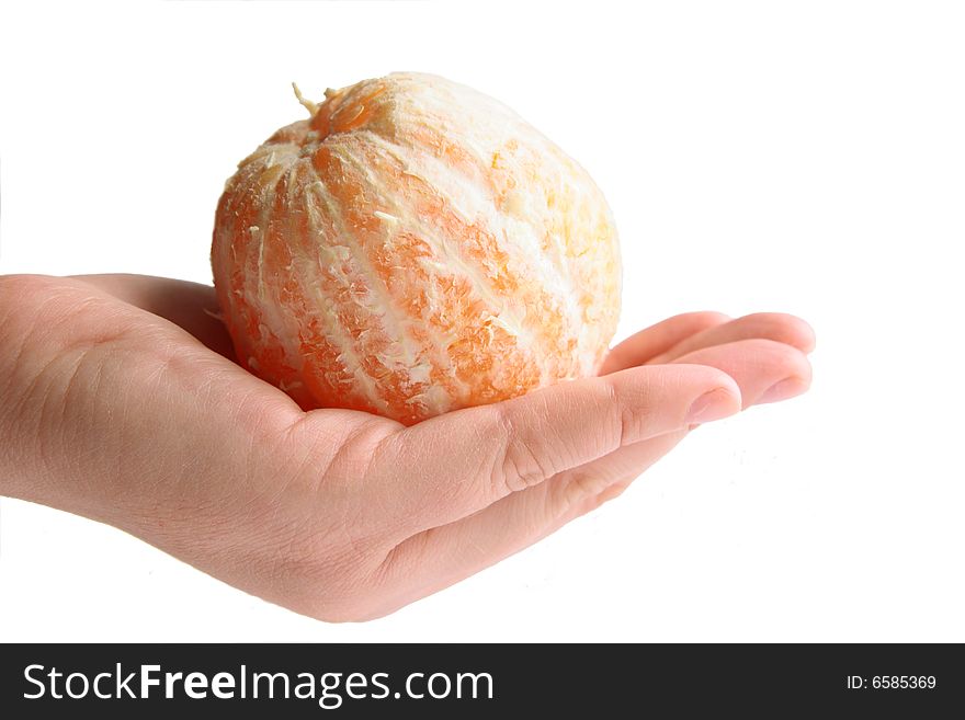 Hand with orange on white background