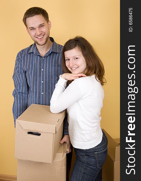 Casual couple moving in new home