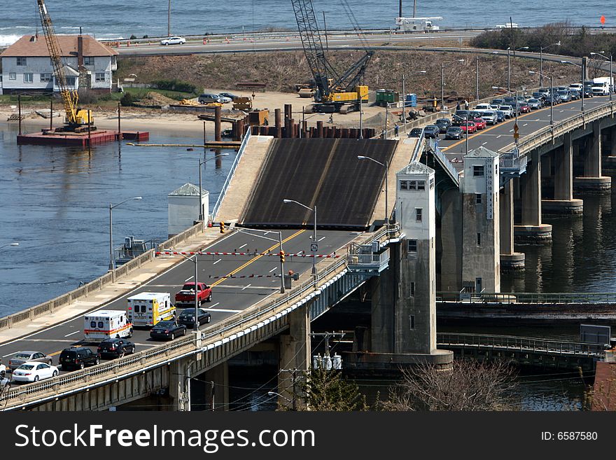 Traffic waiting by a drawbridge