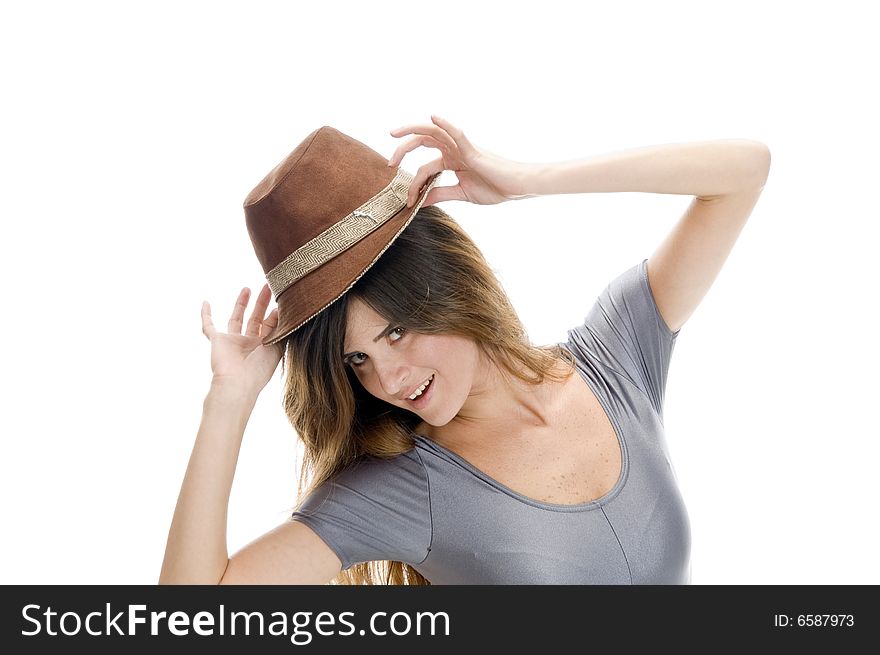 Smart female wearing hat on an isolated background