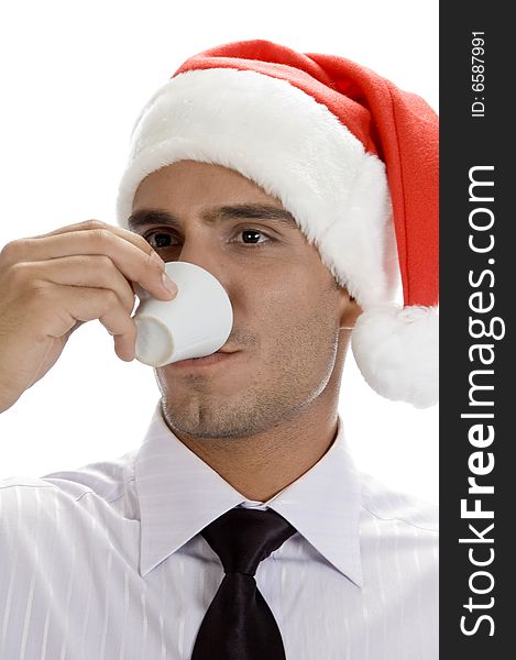 Smart male drinking tea on an isolated background