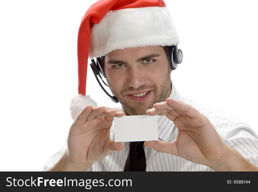 Santa man showing his visiting card with white background