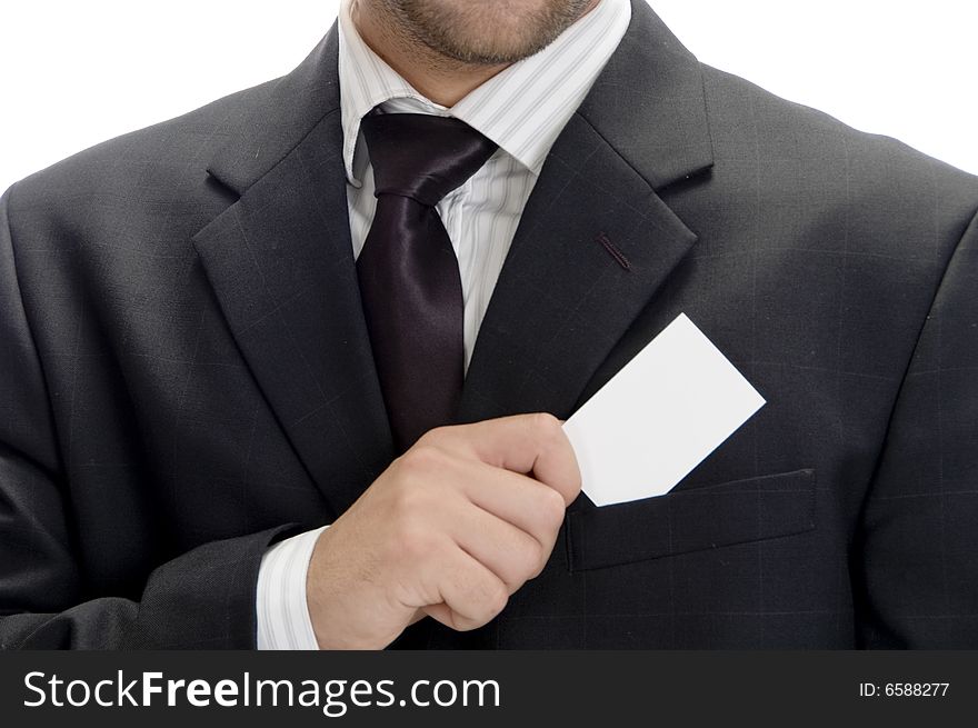 Young businessman saving his visiting card isolated on white background. Young businessman saving his visiting card isolated on white background