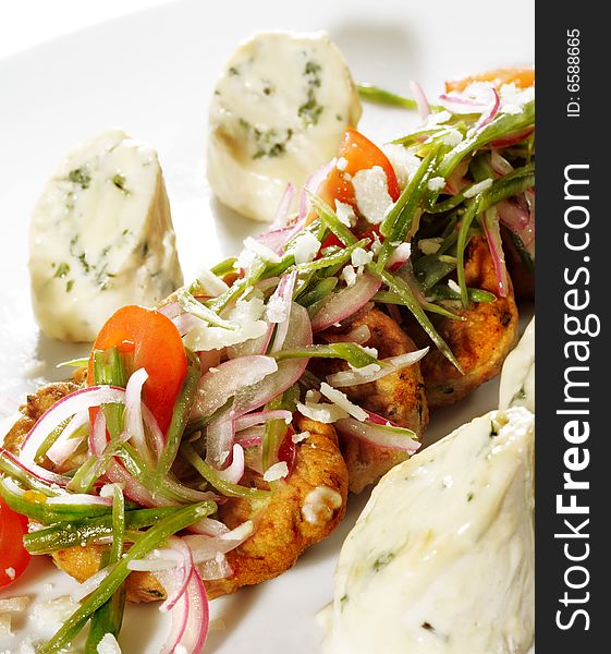 Chicken Roll with Vegetable Marrow Galette and Julienne Vegetables